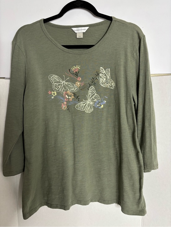 Christopher & Banks Tops - Christopher & Banks Olive Green Butterfly Floral Long Sleeve Tee